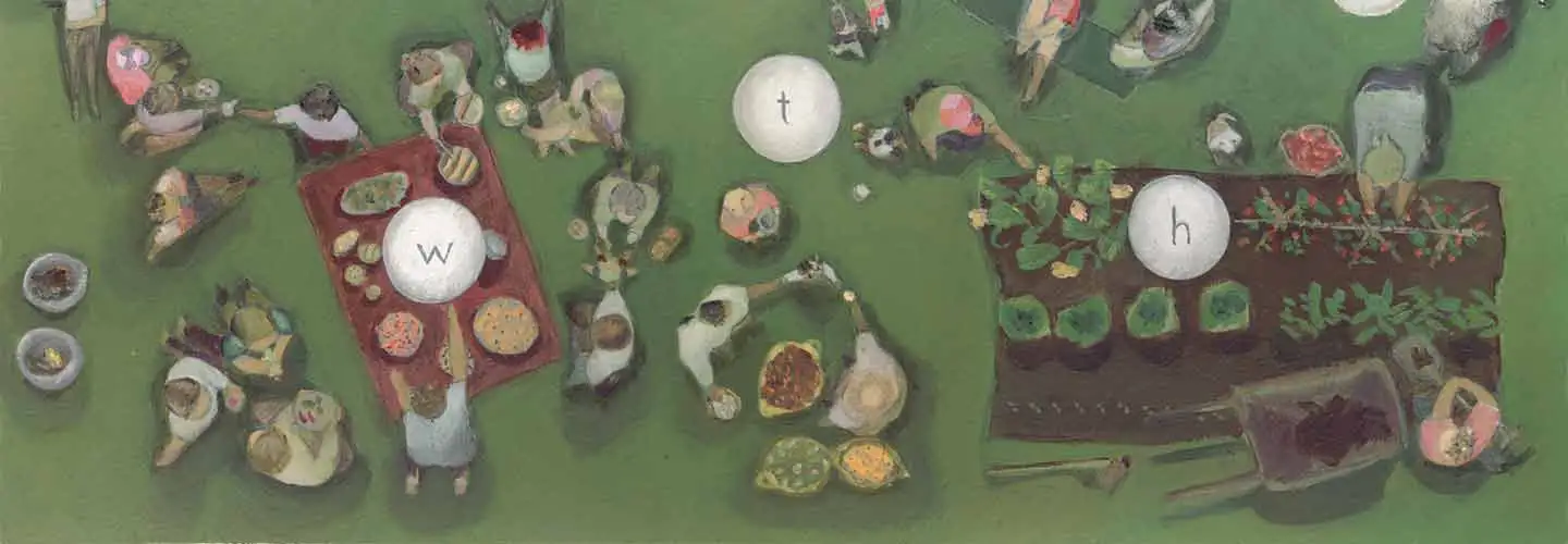 Detail of the cover illustration of Degrowth: A Vocabulary for a New Era by Bàrbara Castro Urio.