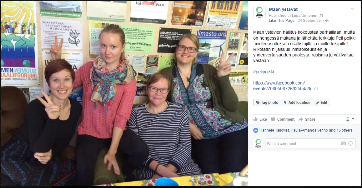 Maan ystävien hallitus kokousti 24.syyskuuta samaan aikaan rasismin vastaisen Peli poikki -mielenosoituksen kanssa. Terveiset kuitenkin lähetettiin valokuvan muodossa.